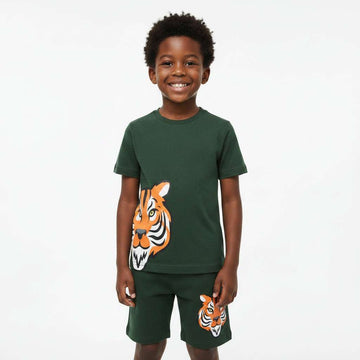 Olive Tiger Print Short Tee And Shorts Set Green Nawao.com