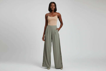Olive Wide Leg Trousers With Satin Panel Detail Dark Nawao.com
