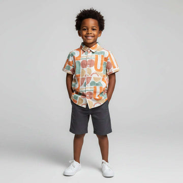 Orange Geomatric Aop Short Sleeve Shirt Orange Nawao.com