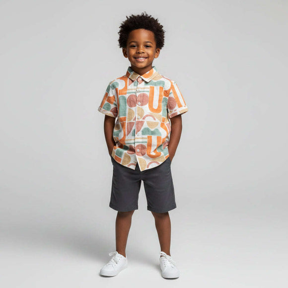 Orange Geomatric Aop Short Sleeve Shirt Orange Nawao.com