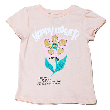 Orange Happy Flower Placement Print  S S T Shirt Orange Nawao.com