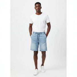 Pale Blue Knit Denim Shorts Pale Blue Nawao.com