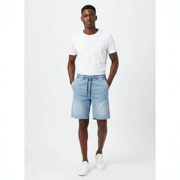 Pale Blue Knit Denim Shorts Pale Blue Nawao.com