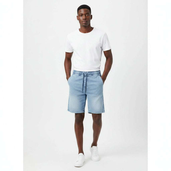 Pale Blue Knit Denim Shorts Pale Blue Nawao.com