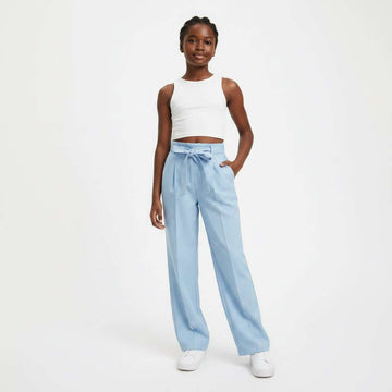 Pale Blue Paperbag Waist Poplin Pants Blue Nawao.com