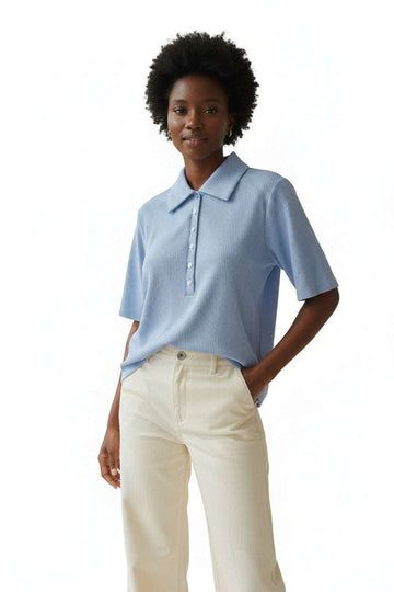 Pale Blue Rib Collared Top Nawao.com