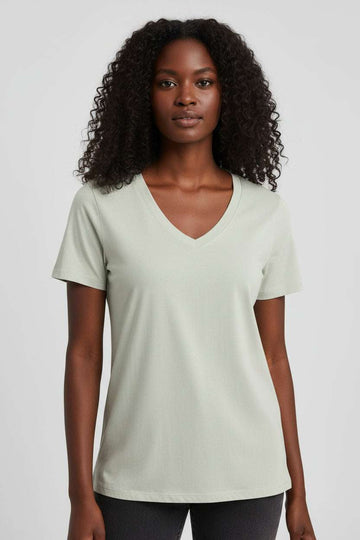 Pale Green Short Sleeve V Neck T Shirt Nawao.com