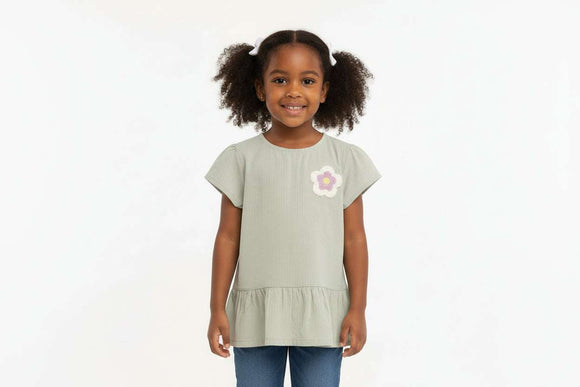 Pale green Solid Seersucker With Frills Blouse Nawao.com