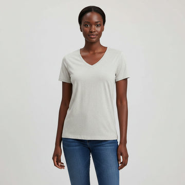 Pale Grey  Melange Short Sleeve V  Neck T Shirt Nawao.com