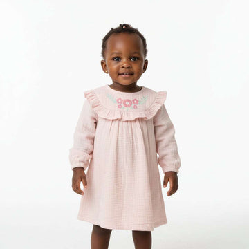 Pale Orange Embroidered Yoke Dress Nawao.com