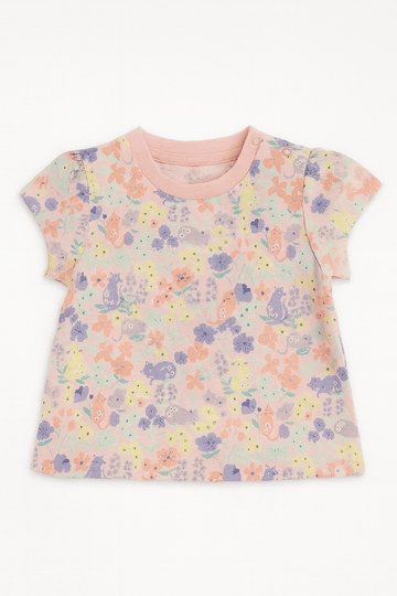 Pale Pink Floral All Over Print Short Sleeves Tee Pale Pink Nawao.com