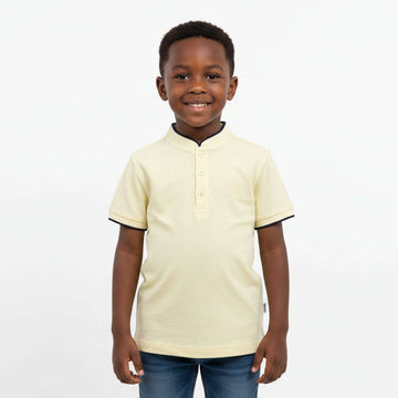 Pale Yellow Mandarin Collar Emb Logo Polo Yellow Nawao.com