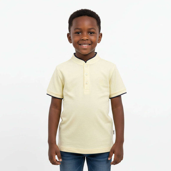 Pale Yellow Mandarin Collar Emb Logo Polo Yellow Nawao.com