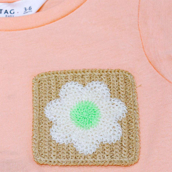 Peach Crochet Patch Pocket T Shirt Orange Nawao.com