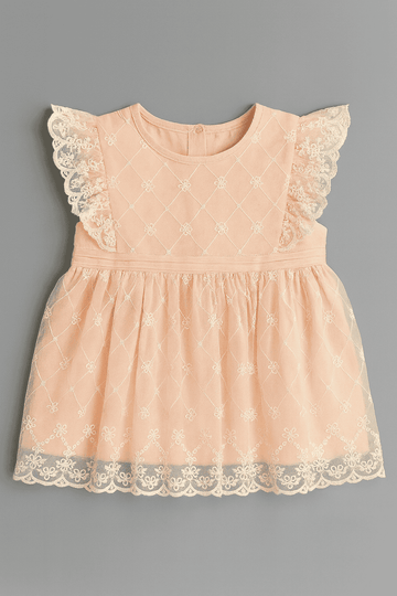 Pink All Over Embroidery Frill Dress Nawao.com