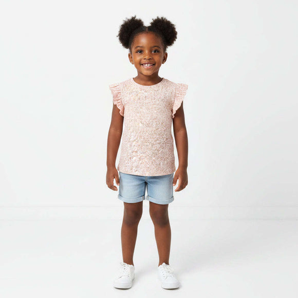 Pink Animal Aop Rib Fril Sleeve T Shirt Pale Pink Nawao.com