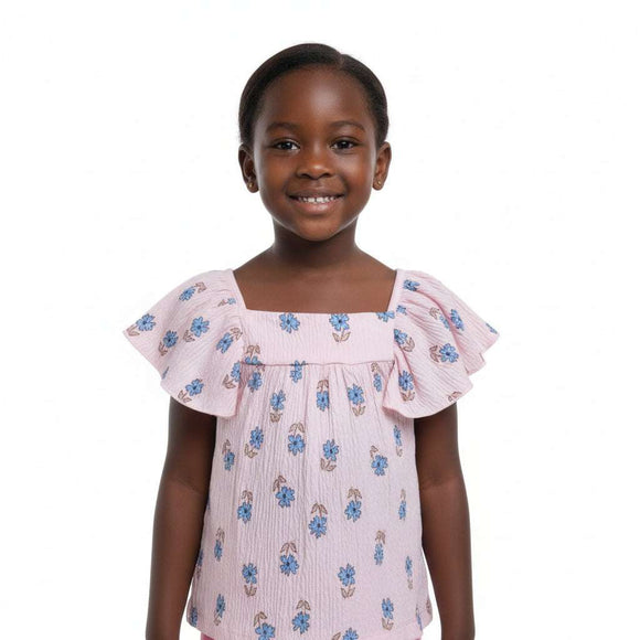Pink Aop Jacquard Top With  Frills  Pale Pink Nawao.com