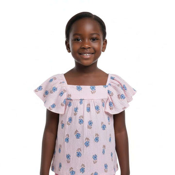 Pink Aop Jacquard Top With  Frills  Pale Pink Nawao.com