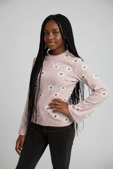 Pink Bellsleeve L S Jacquard Top Pale Pink Nawao.com