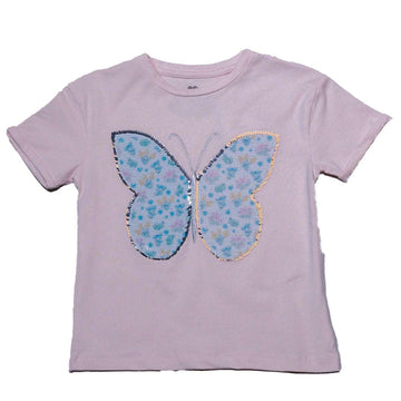 Pink Butterfly Sequins At Chest T Shirt Pale Nawao.com