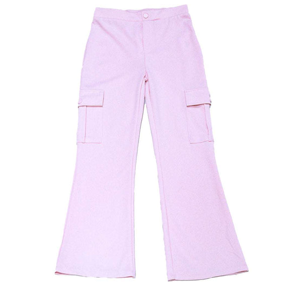 Pink Cargo Pocket Flared Hem Twill Pants Pale Nawao.com