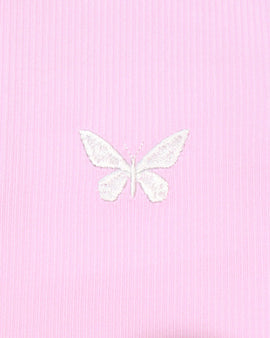 Pink Embroidered Rib Top With Contrast Color Pale Nawao.com