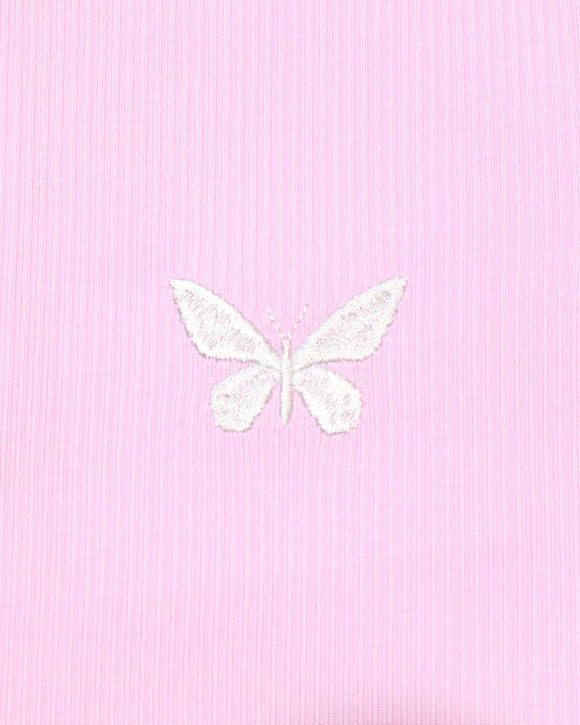 Pink Embroidered Rib Top With Contrast Color Pale Nawao.com