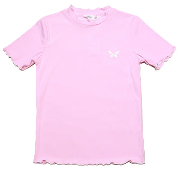 Pink Embroidered Rib Top With Contrast Color Pale Nawao.com