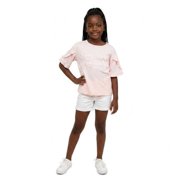 Pink Embroidered Ruffled Sleeve T Shirts Pale Pink Nawao.com
