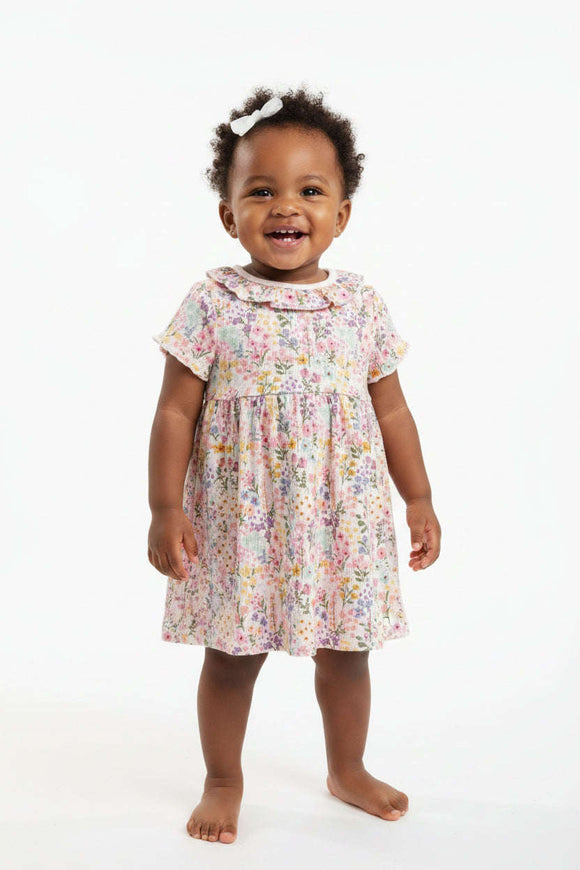 Pink Floral All Over Print Rib Dress Pale Pink Nawao.com