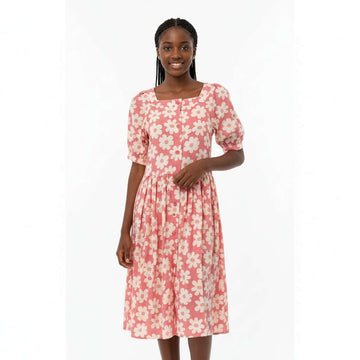 Pink Floral Front Placket Slub Dress Assorted Nawao.com