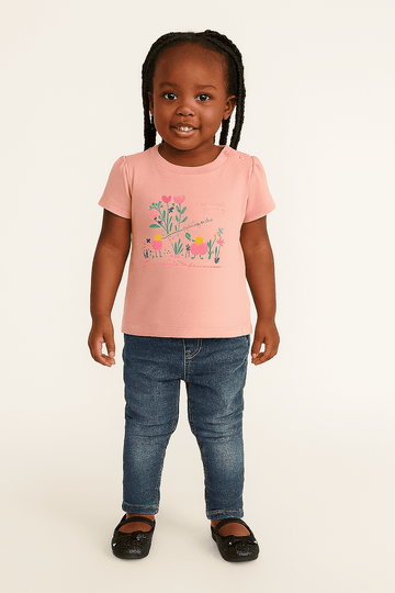 Pink Floral Placement Print Short Sleeves Tee Pink Nawao.com