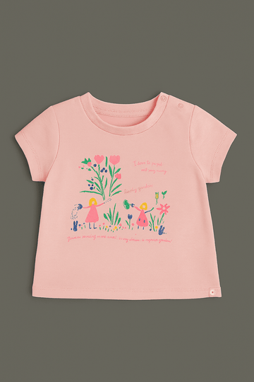 Pink Floral Placement Print Short Sleeves Tee Pink Nawao.com
