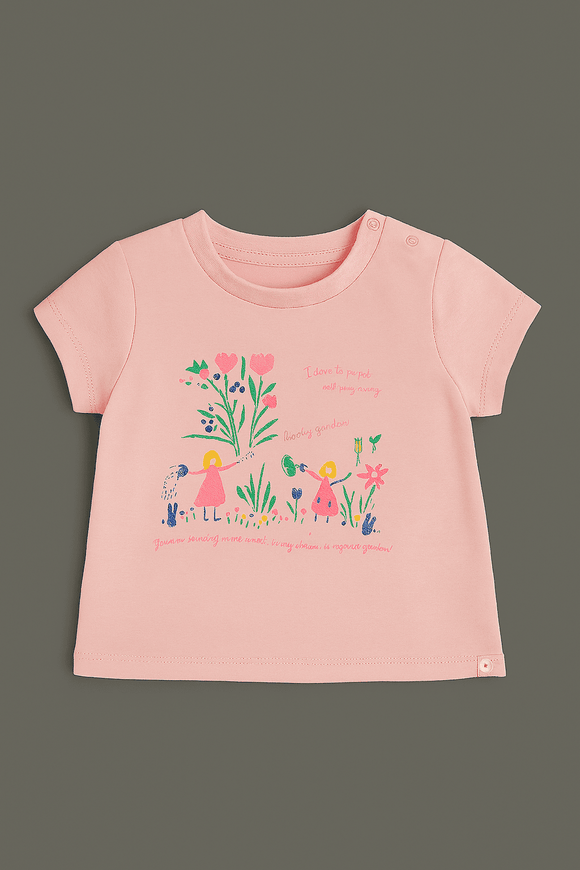 Pink Floral Placement Print Short Sleeves Tee Pink Nawao.com