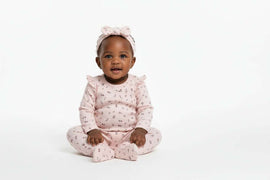 Pink Frill Long Sleeve Allover Print Rompersuit With Headband Pale Pink Nawao.com