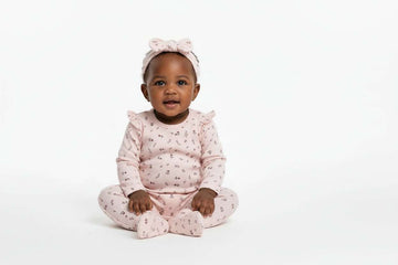 Pink Frill Long Sleeve Allover Print Rompersuit With Headband Pale Pink Nawao.com