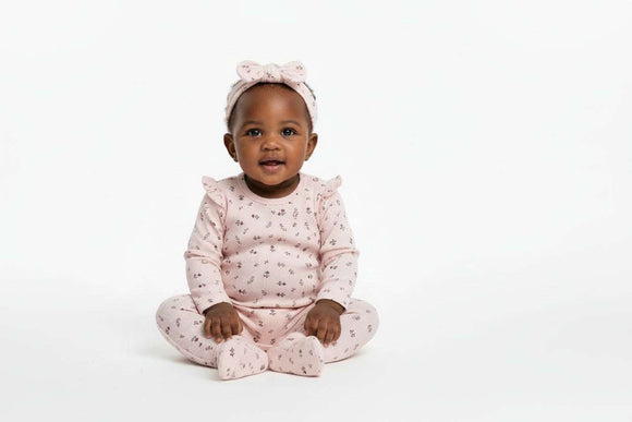 Pink Frill Long Sleeve Allover Print Rompersuit With Headband Pale Pink Nawao.com