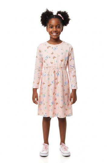 Pink L S Butterfly Aop Dress  Pale Pink Nawao.com