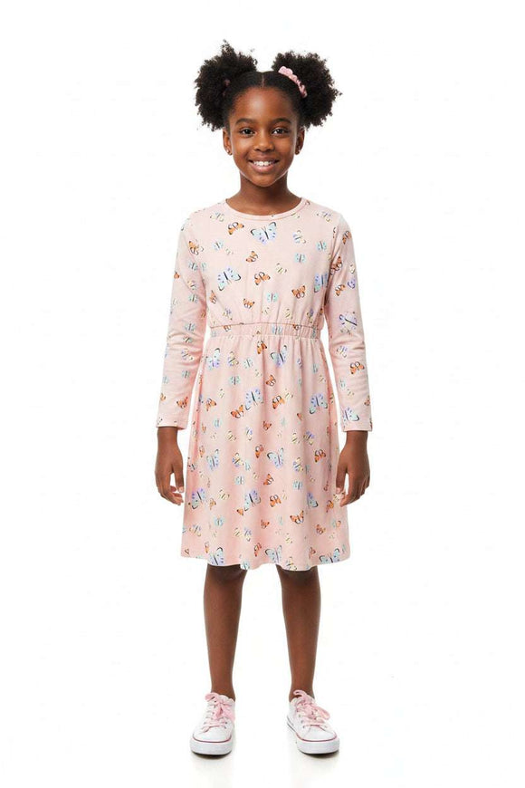 Pink L S Butterfly Aop Dress  Pale Pink Nawao.com