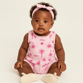 Pink Palm Print All Over Print Jumpsuit Pale Nawao.com