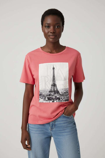 Pink Paris Embellished T Shirt Nawao.com