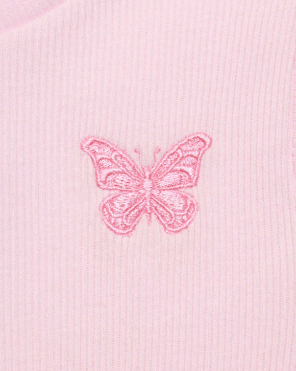 Pink Placement Embroidery Rib T Shirt Nawao.com