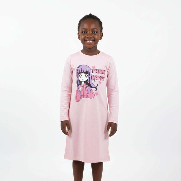 Pink Placement Print Long Sleeve Nightshirts  Pale Pink Nawao.com