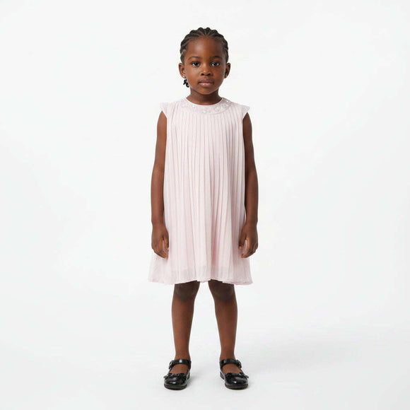 Pink Pleated Dress With Sequins At Neck Pale Pink Nawao.com