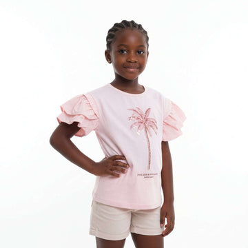 Pink Poplin S S Placement Palm Tree Sequiens Work T Shirt  Pale Pink Nawao.com