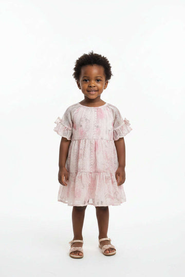 Pink Printed Schiffli Tired Dress Pale Pink Nawao.com