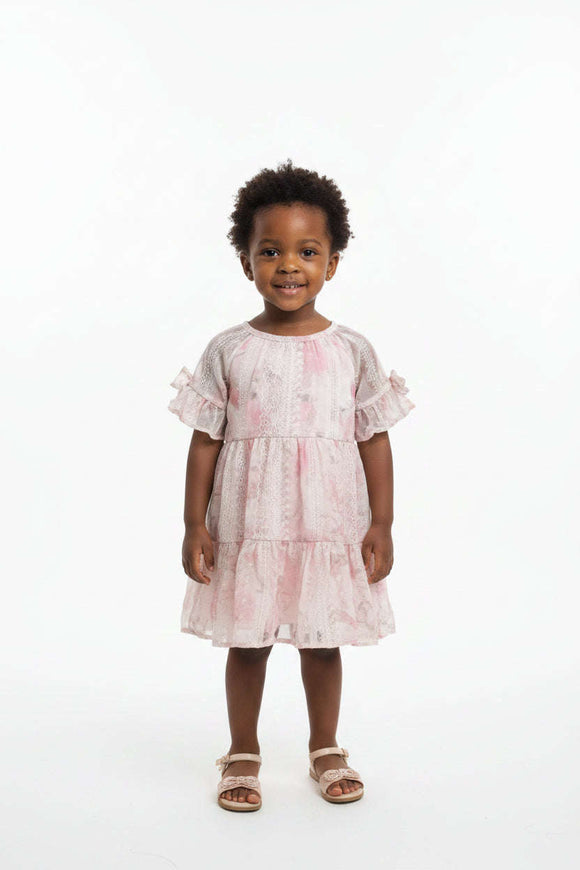 Pink Printed Schiffli Tired Dress Pale Pink Nawao.com