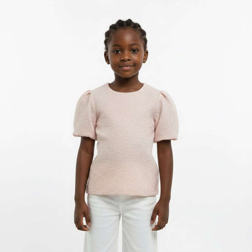 Pink Puffsleeve Jacquard Blouse Pale Pink Nawao.com