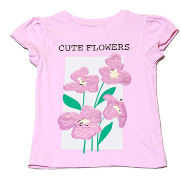Pink S S Flowers Sequins Work T Shirt Nawao.com