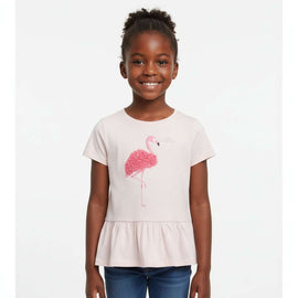 Pink S S Placement Flamingos Chiffon Work T Shirt Nawao.com